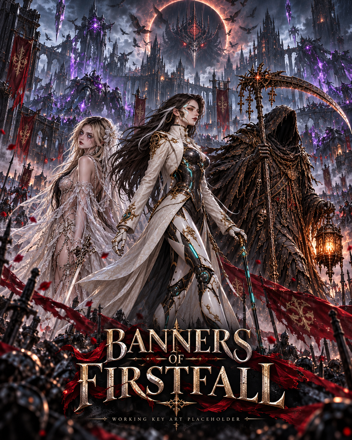 Banners of Firstfall working key art: three fantasy characters beneath an eclipsed sky and dark citadel.